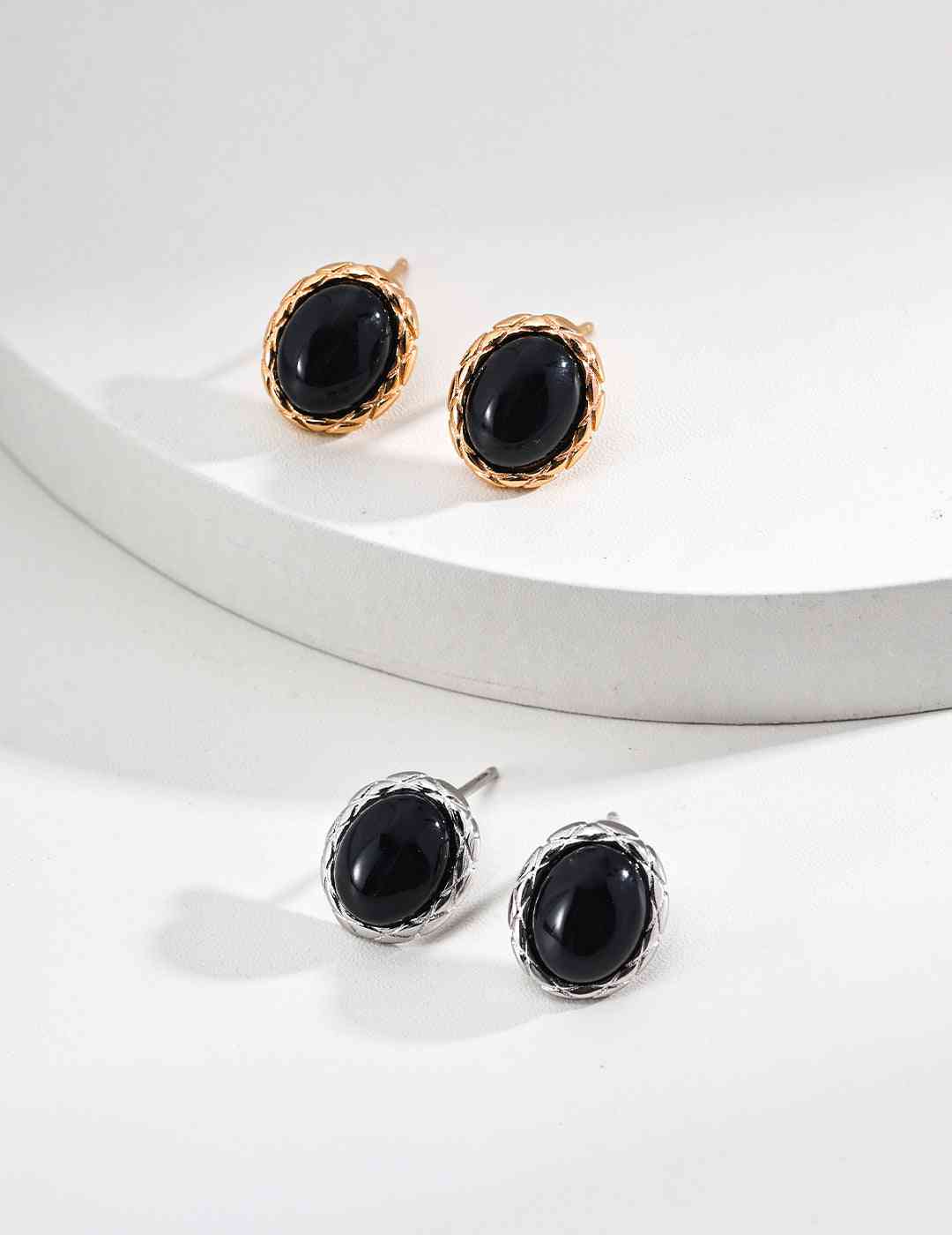 Noir Elegance black agate stud earrings in gold and silver