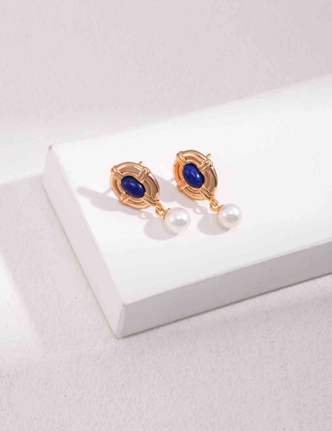 a pair of blue and white earrings on a white surface